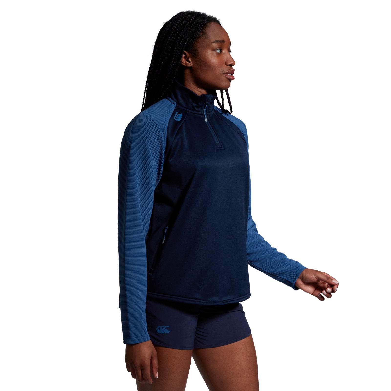 Photo of model wearing Canterbury Ladies Elite 1/4 Zip Top side view