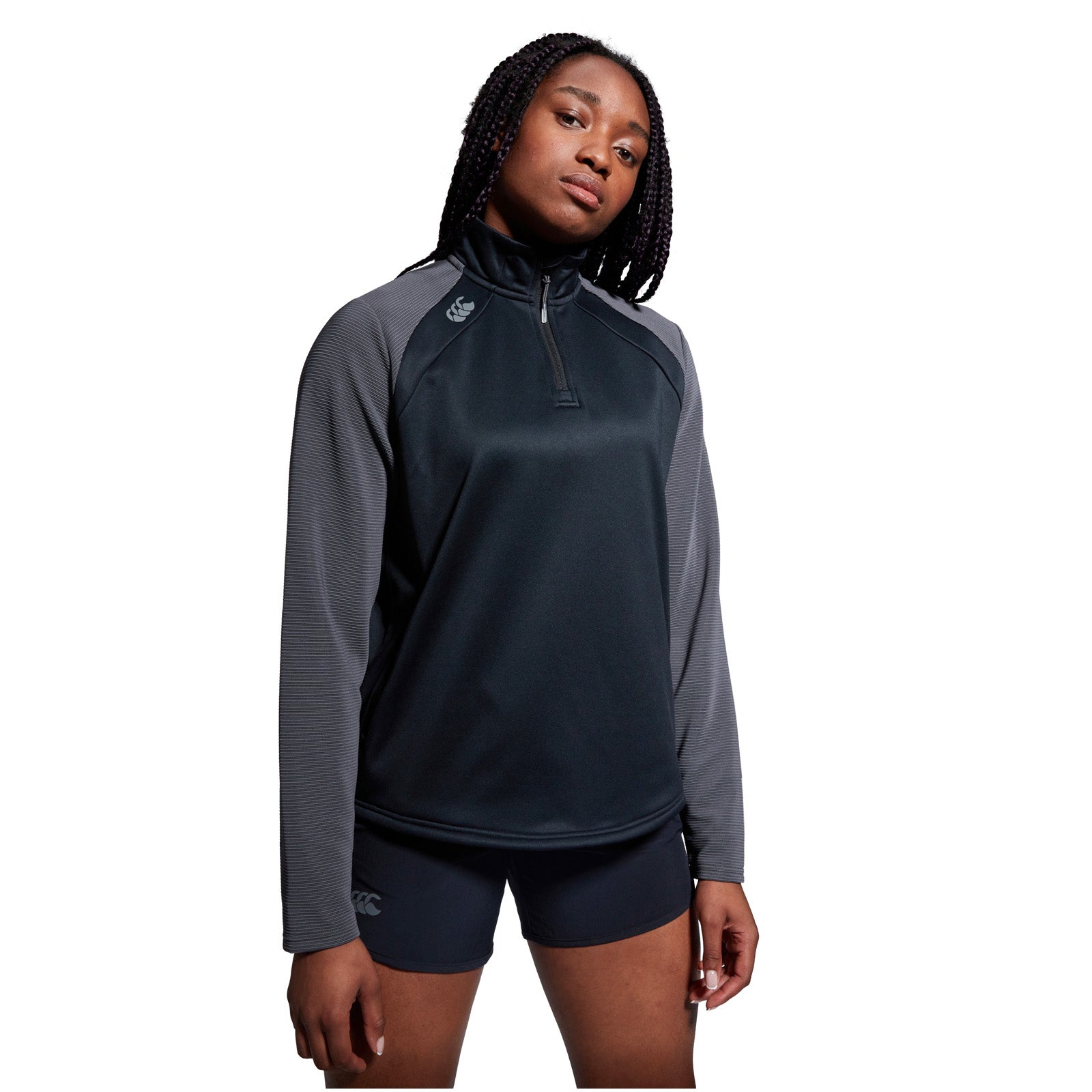 Photo of model wearing Canterbury Ladies Elite 1/4 Zip Top front view close up