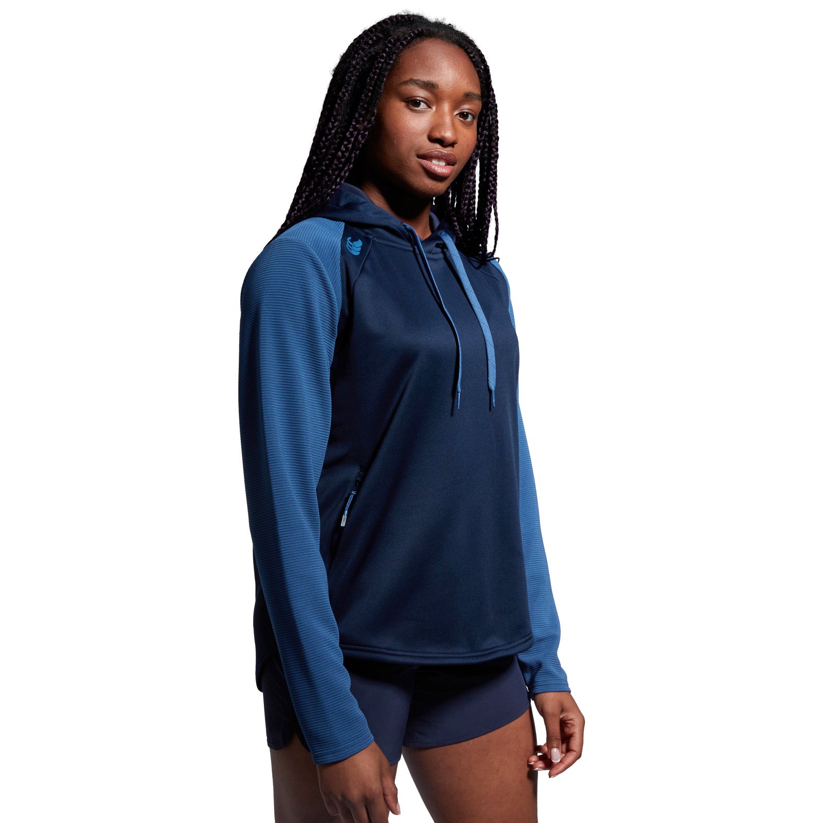 Photo of model wearing Canterbury Ladies Elite Training Hoody Navy, side view