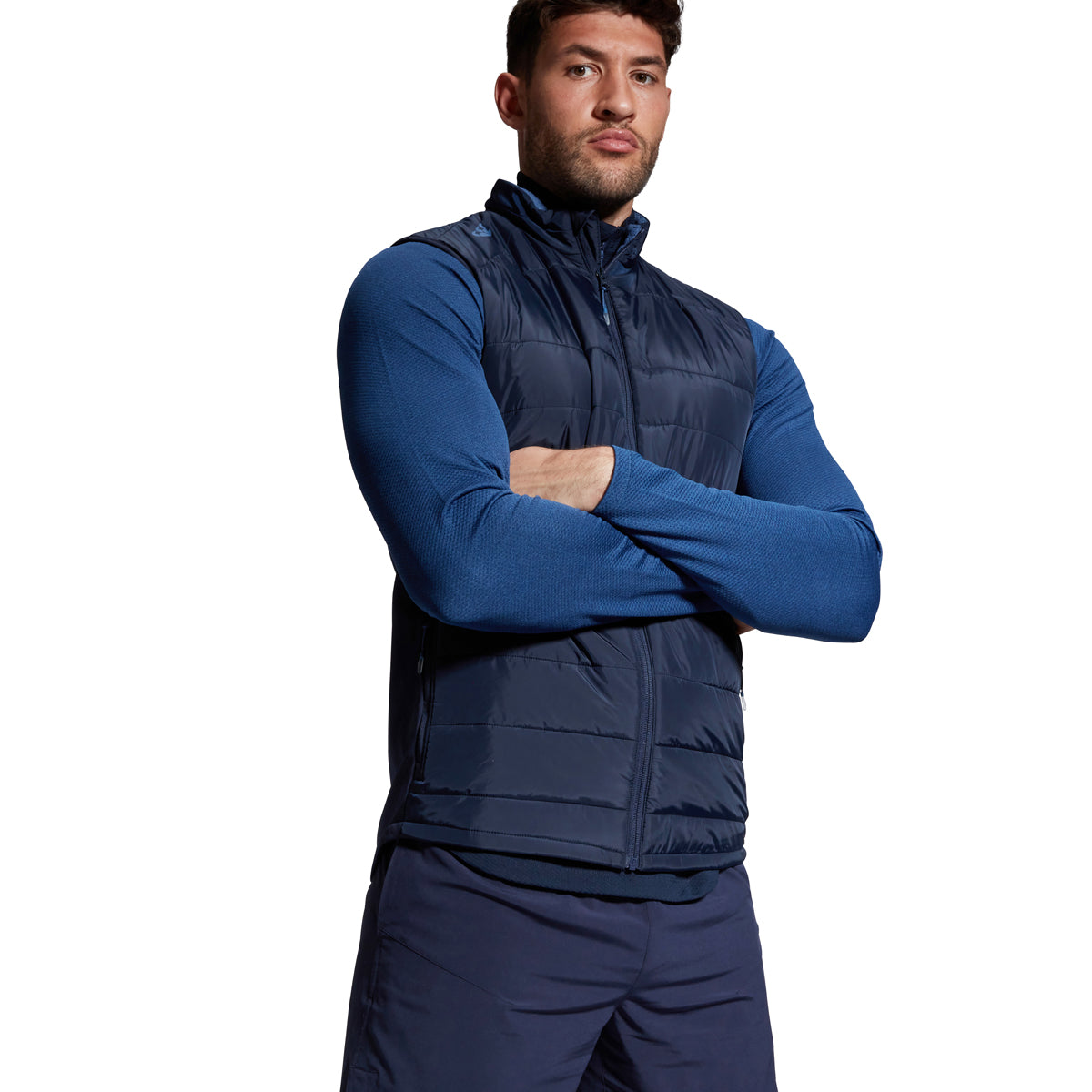 A photo of a model wearing the Canterbury Elite Microlight Gilet Navy.