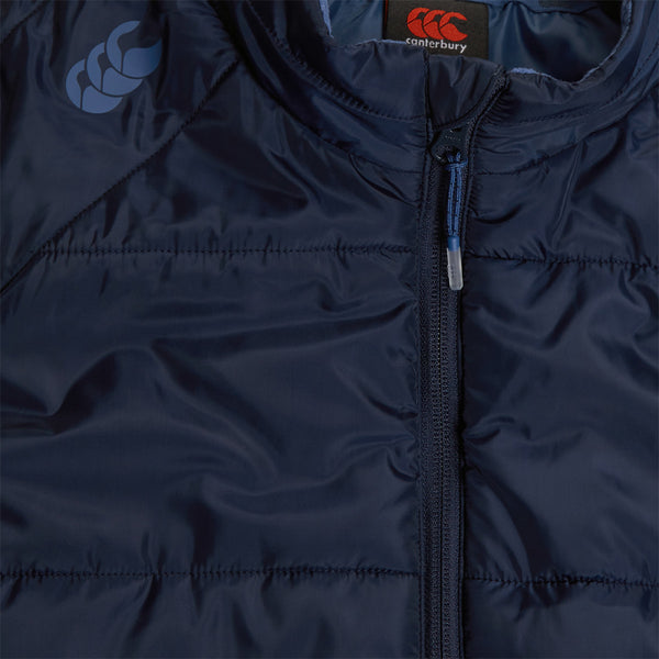 A photo of the Canterbury Elite Microlight Gilet Navy, collar & zip detail close up shot