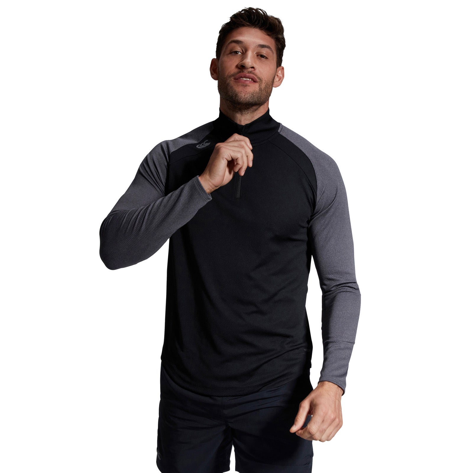 Photo of model wearing Canterbury Mens Elite First Layer Black, front view