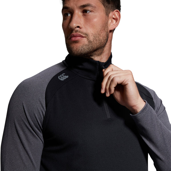 Photo of model wearing Canterbury Mens Elite First Layer Black, close up view of chest & shoulders