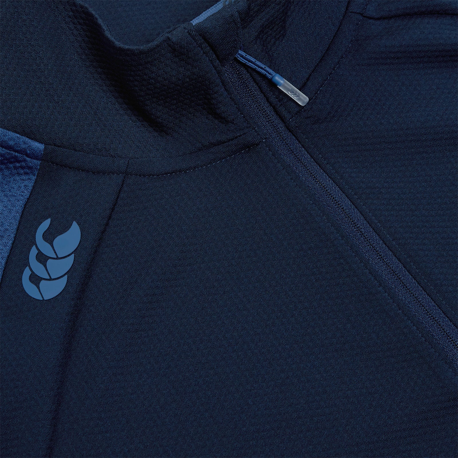 Close up Photo of Canterbury Mens Elite First Layer in Navy, collar and zip detail