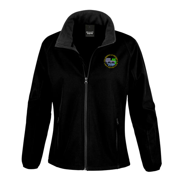 A photo of the Celbridge Tennis Club Ladies Softshell Jacket in Black with embroidered club crest on left chest.