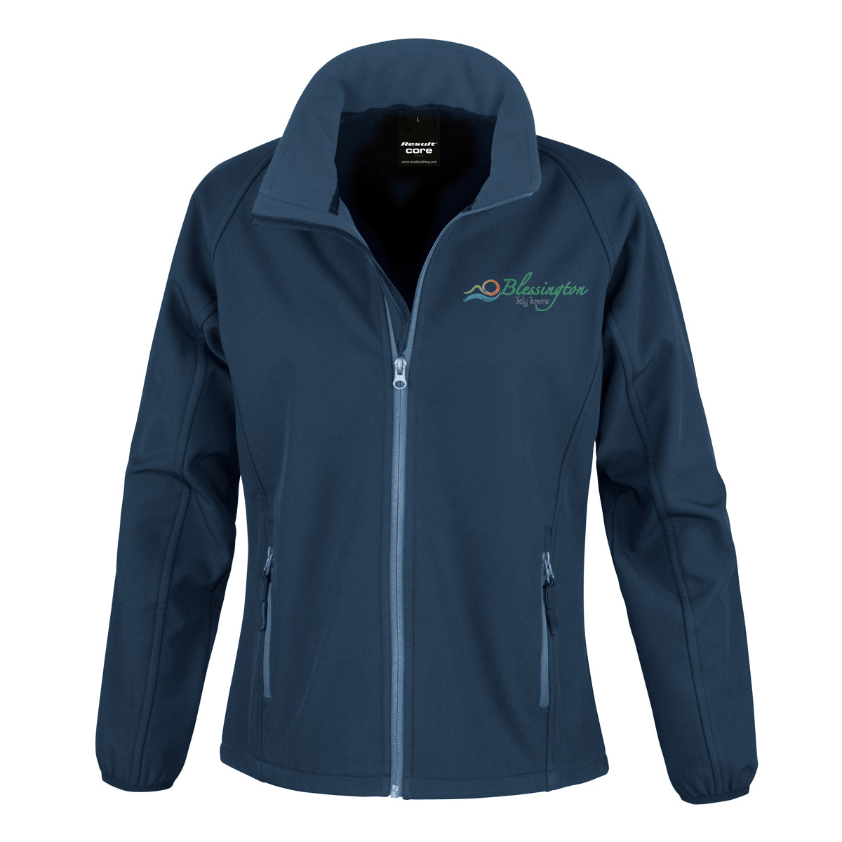 Blessington Tidy Towns Ladies Softshell Jacket in Navy, with embroidered logo on left chest.