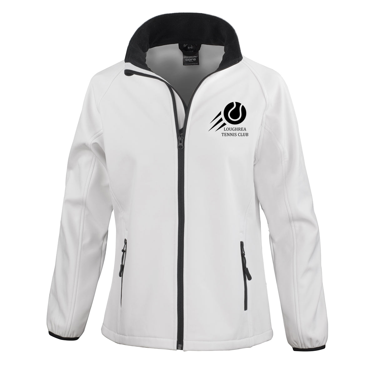 An image of the Loughrea Tennis Club Softshell Jacket in White/Black with embroidered club crest on left chest.