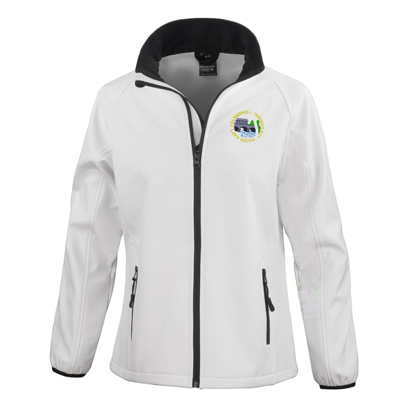 A photo of the Celbridge Tennis Club Ladies Softshell Jacket in White with embroidered club crest on left chest.
