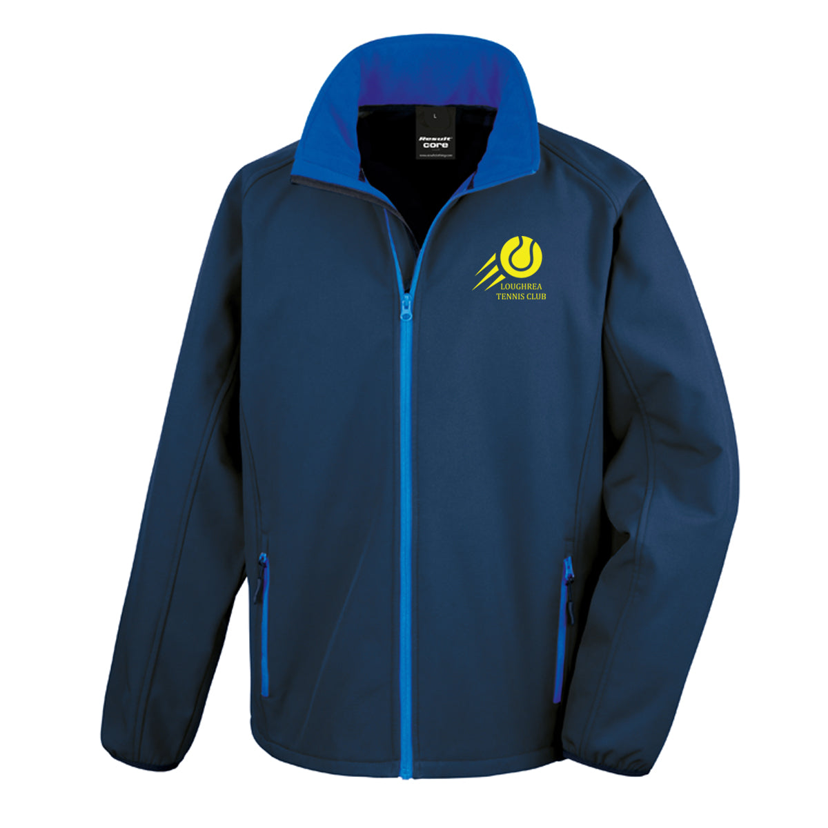 An image of the Loughrea Tennis Club Mens Softshell Jacket in Navy Royal with embroidered club crest on left chest.