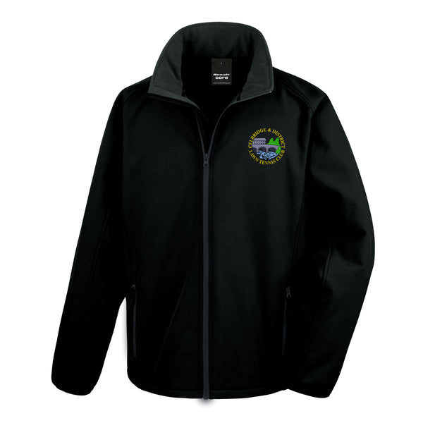 A photo of the Celbridge Tennis Club Mens Softshell Jacket in Black with embroidered club crest on left chest.