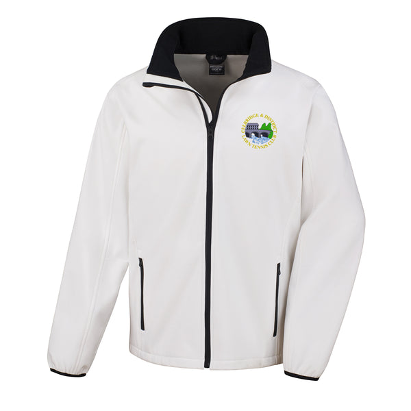 A photo of the Celbridge Tennis Club Mens Softshell Jacket in White with embroidered club crest on left chest.