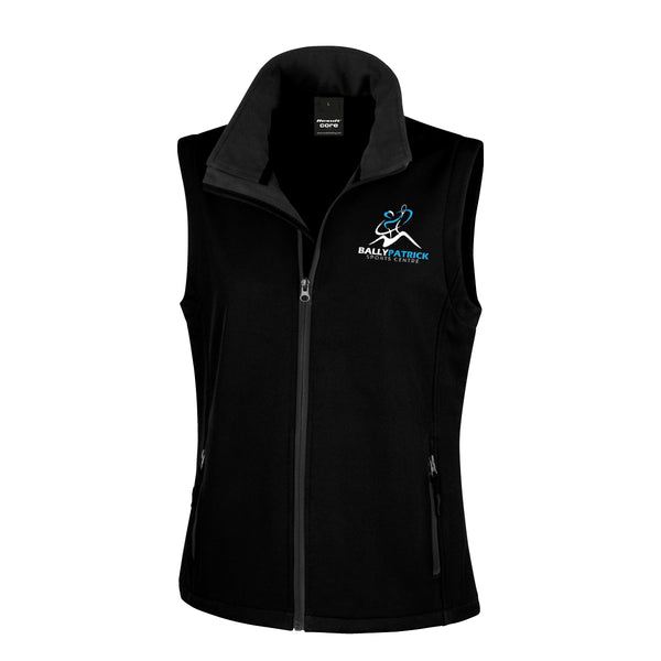 A photo of the Ballypatrick Sports Centre Ladies Softshell Bodywarmer in Black, with embroidered club crest on left chest.