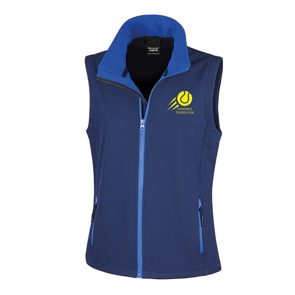 An image of the Loughrea Tennis Club Ladies Softshell Bodywarmer in Navy/Royal with embroidered club crest on left chest.