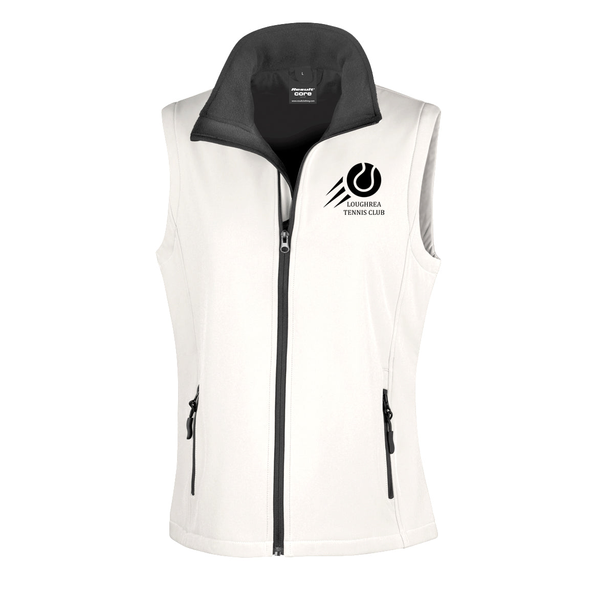 An image of the Loughrea Tennis Club Ladies Softshell Bodywarmer in White/Black with embroidered club crest on left chest.