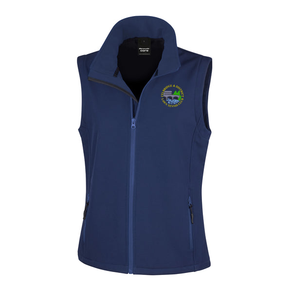 A photo of the Celbridge Tennis Club Ladies Softshell Gilet in Navy with embroidere club crest on left chest.