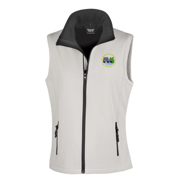 A photo of the Celbridge Tennis Club Ladies Softshell Gilet in White with embroidere club crest on left chest.