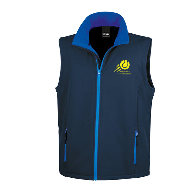 An image of the Loughrea Tennis Club Mens Softshell Bodywarmer in Navy/Royal with embroidered club crest on left chest.