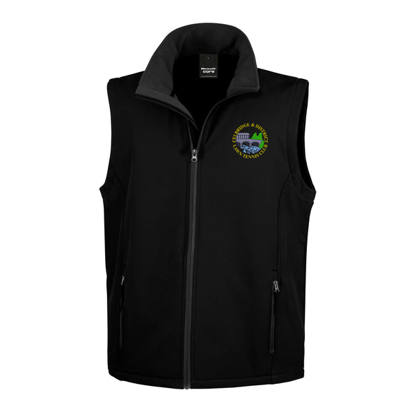 A photo of the Celbridge Tennis Club Mens Softshell Gilet in Black with embroidered club crest on left chest.