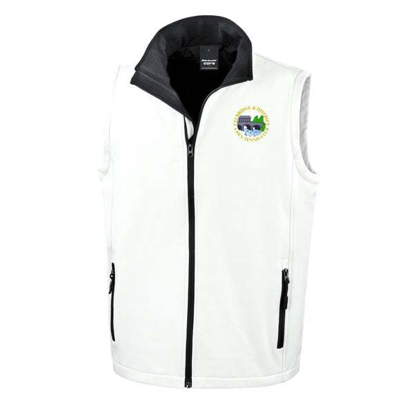 A photo of the Celbridge Tennis Club Mens Softshell Gilet in White with embroidered club crest on left chest.