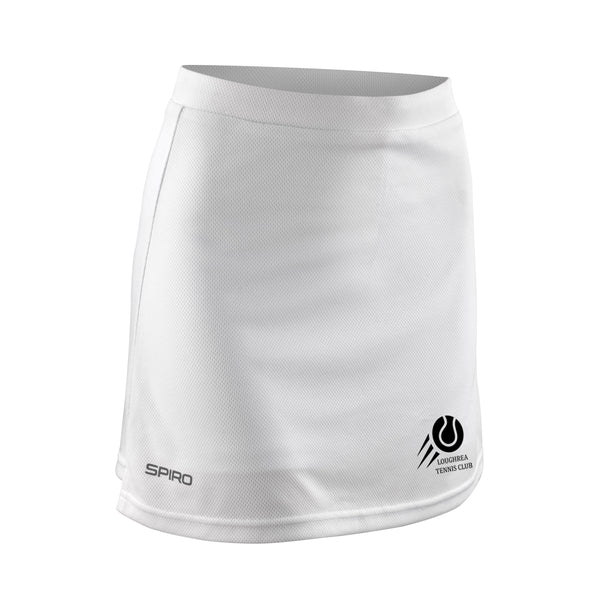 An image of the Loughrea Tennis Club Ladies Skort in White with Club Crest on left leg.