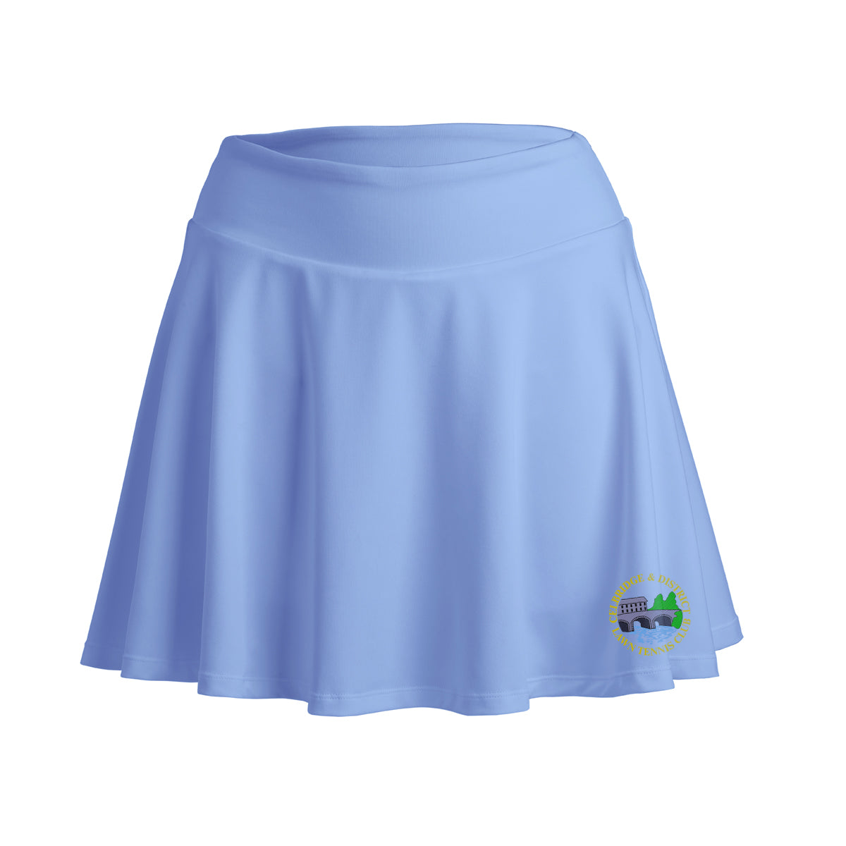 A photo of the Celbridge Tennis Club Ladies Tennis Skort in Dusky Blue with club crest on left leg.