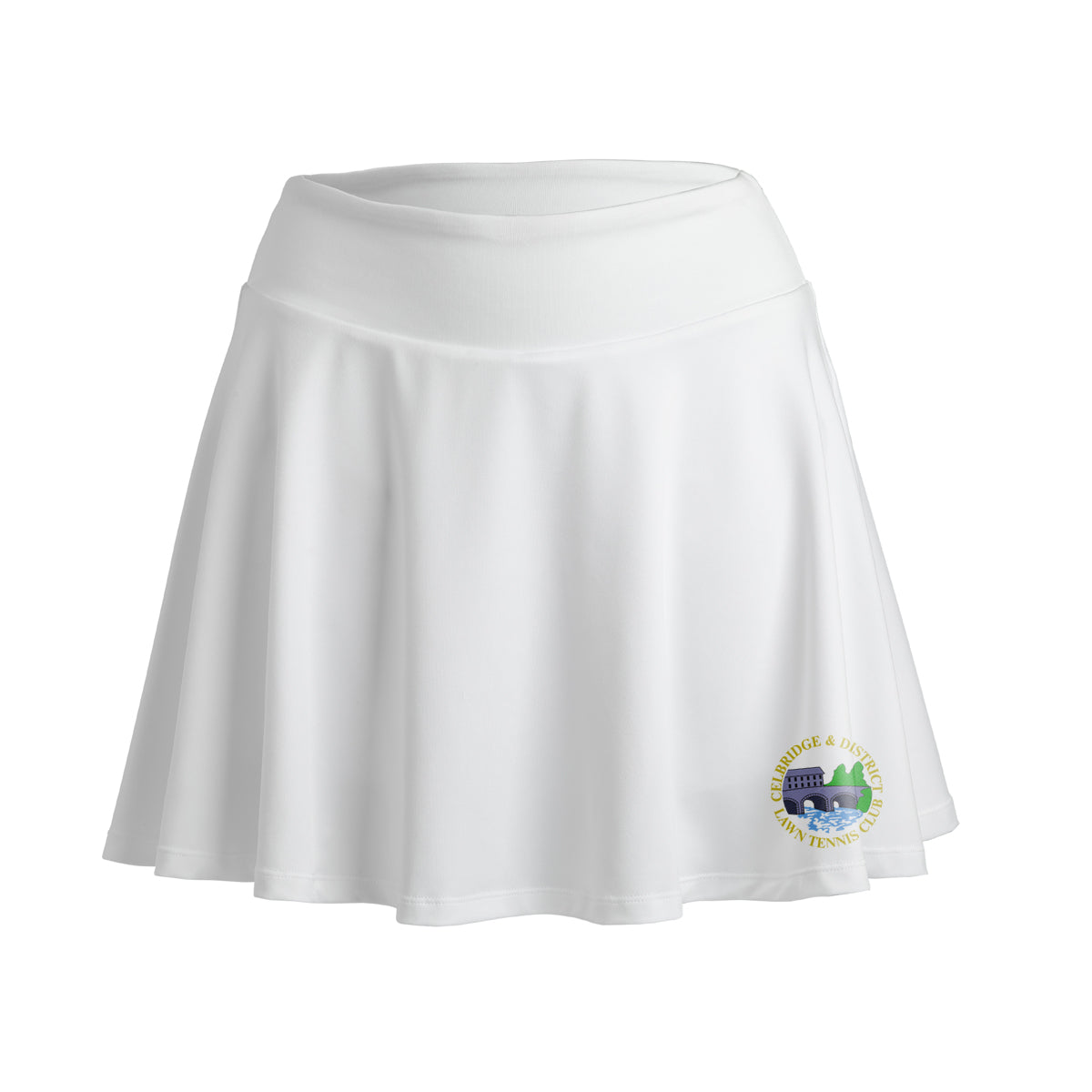 A photo of the Celbridge Tennis Club Ladies Tennis Skort in White with club crest on left leg.
