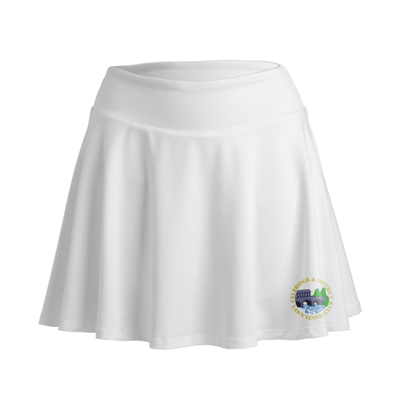 A photo of the Celbridge Tennis Club Ladies Tennis Skort in White with club crest on left leg.