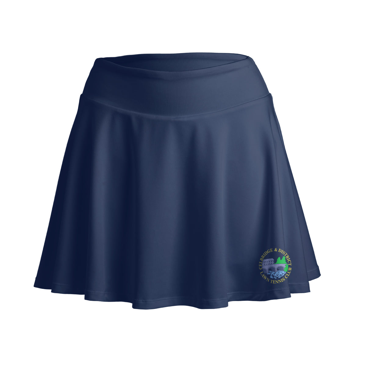 A photo of the Celbridge Tennis Club Ladies Tennis Skort in Navy with club crest on left leg.