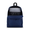 A front view photo of the JanSport SuperBreak Plus in Navy, pocket open and laptop compartment.