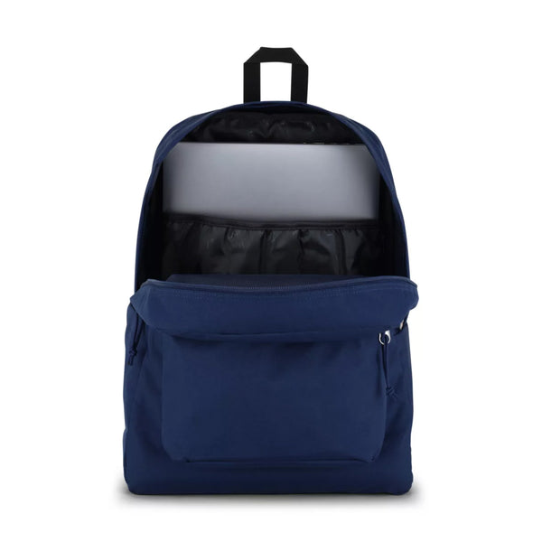 A front view photo of the JanSport SuperBreak Plus in Navy, pocket open and laptop compartment.
