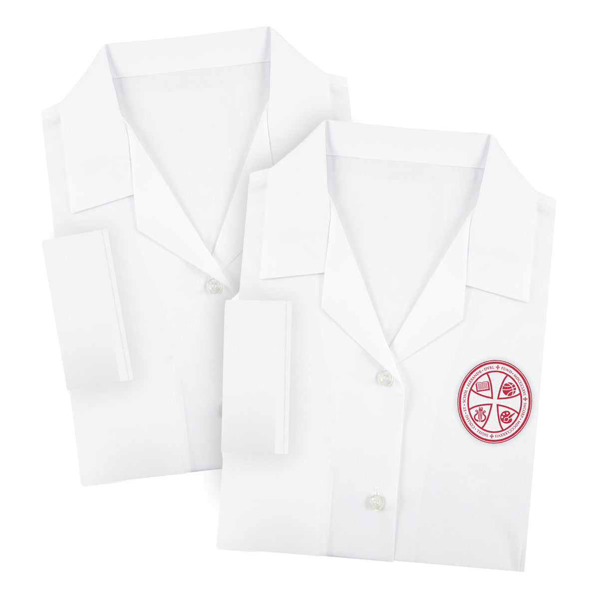 A photo of the Alexandra College Blouse 2 Pack (Short Sleeve), White with embroidered school crest on left chest.