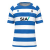 Blackrock College RFC Macron Rugby Jersey. Royal & White stripe with sponsor brand. Front view.