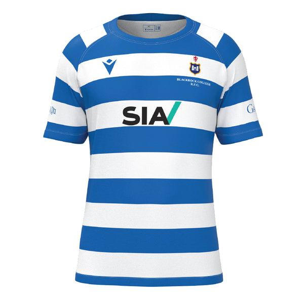 Blackrock College RFC Macron Rugby Jersey. Royal & White stripe with sponsor brand. Front view.