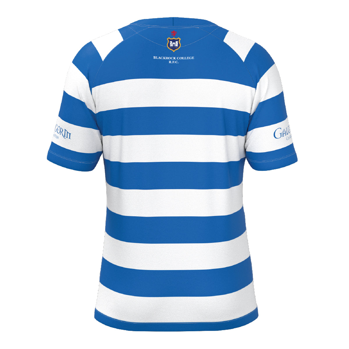 Blackrock College RFC Macron Rugby Jersey. Royal & White stripe with sponsor brand. Back view.