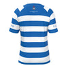 Blackrock College RFC Macron Rugby Jersey. Royal & White stripe with sponsor brand. Back view.