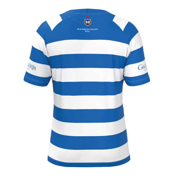 Blackrock College RFC Macron Rugby Jersey. Royal & White stripe with sponsor brand. Back view.
