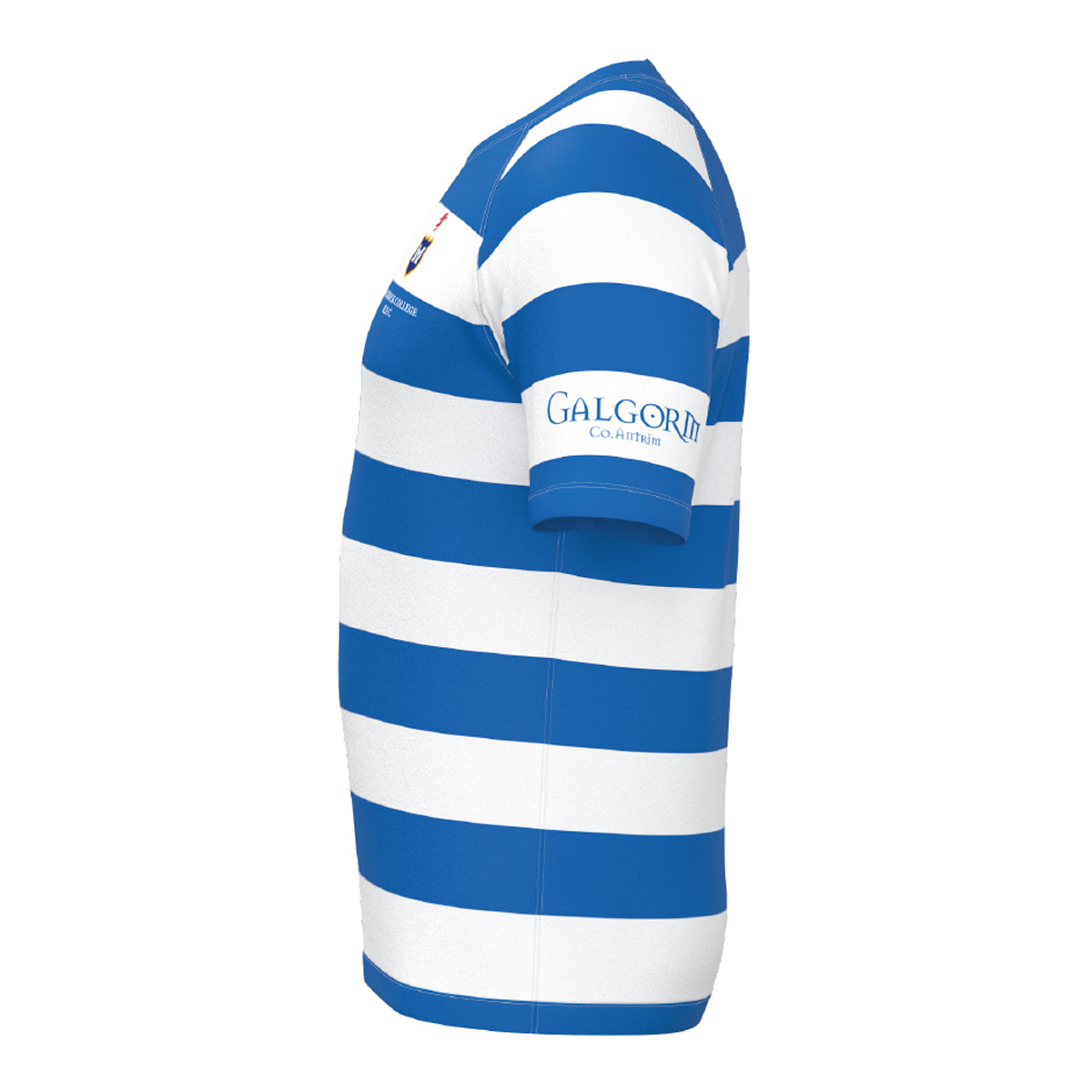 Blackrock College RFC Macron Rugby Jersey. Royal & White stripe with sponsor brand. Right side view.