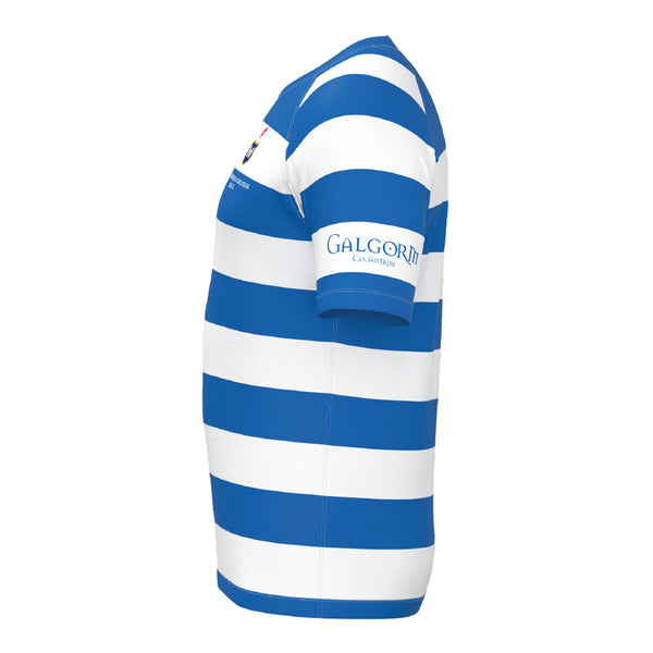 Blackrock College RFC Macron Rugby Jersey. Royal & White stripe with sponsor brand. Right side view.