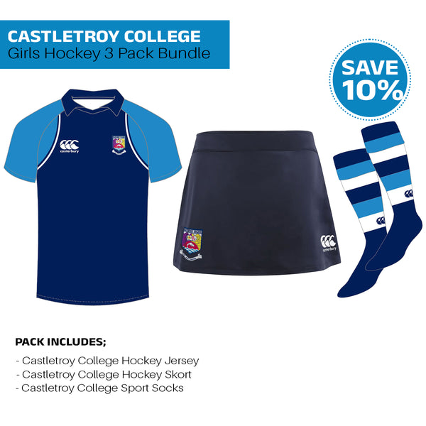 The Castletroy College Hockey Pack Bundle. Bundle includes, Castletroy College Hockey Jersey, Hockey Skort & Sport Socks.