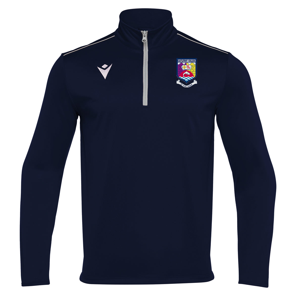 A photo of the Castletroy Macron 1/4 Zip Midlayer, in Navy with embroidered school crest on left chest.