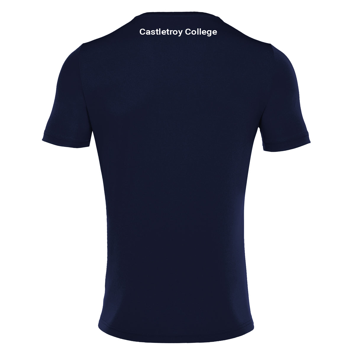 A photo of the back of Macron Castletroy College Sports T-Shirt in Navy, with school name printed at the nape of the neckline.