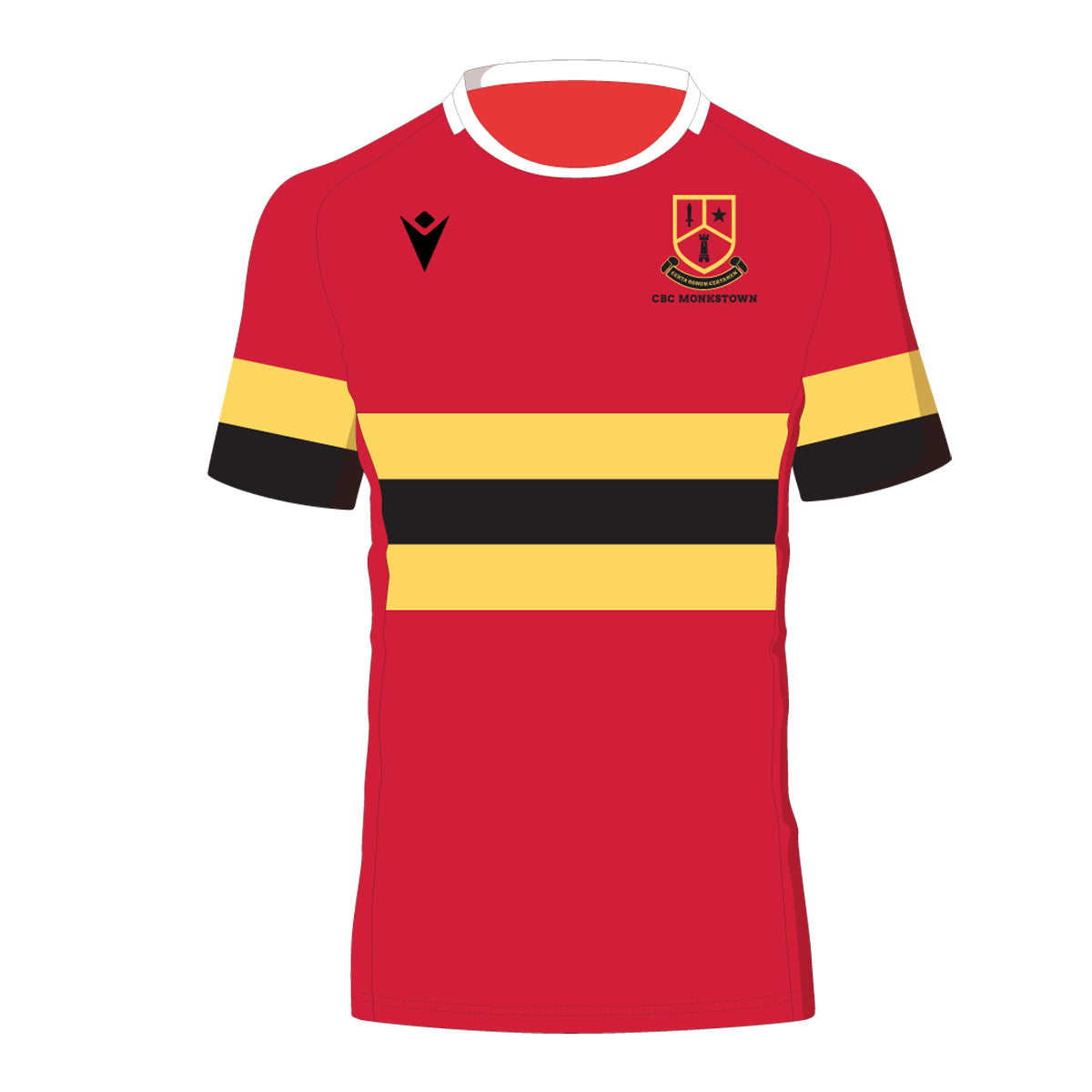 An image of the CBC Monkstown Park Macron Rugby jersey. Red jersey with alternate yellow & black stripes center chest. School crest on left chest.