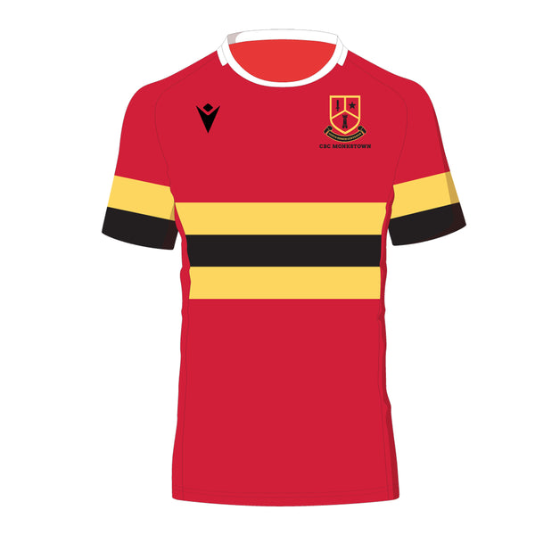 An image of the CBC Monkstown Park Macron Rugby jersey. Red jersey with alternate yellow & black stripes center chest. School crest on left chest.
