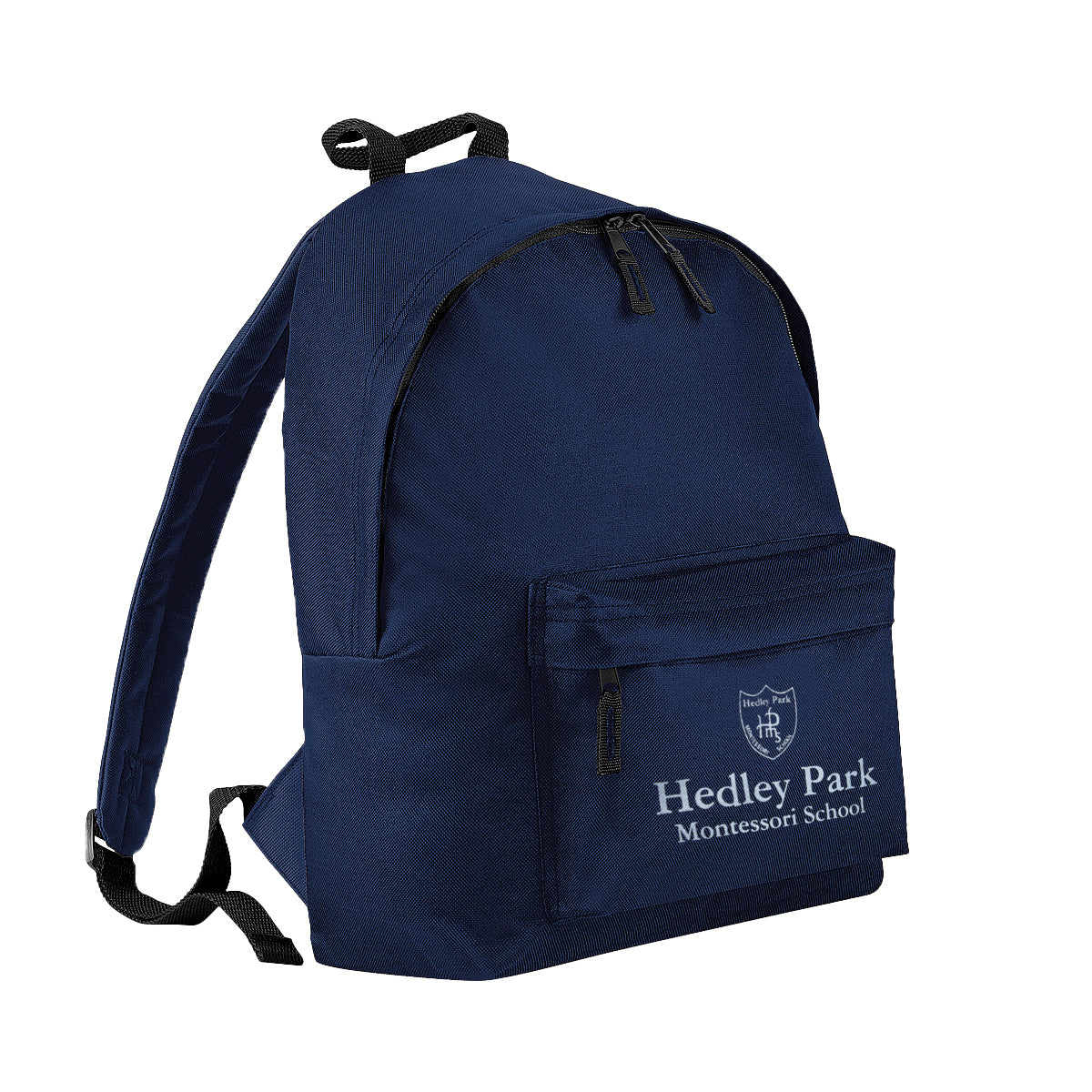 A photo of the Hedley Park Book Backpack in Navy with the School name & crest printed on front pocket.