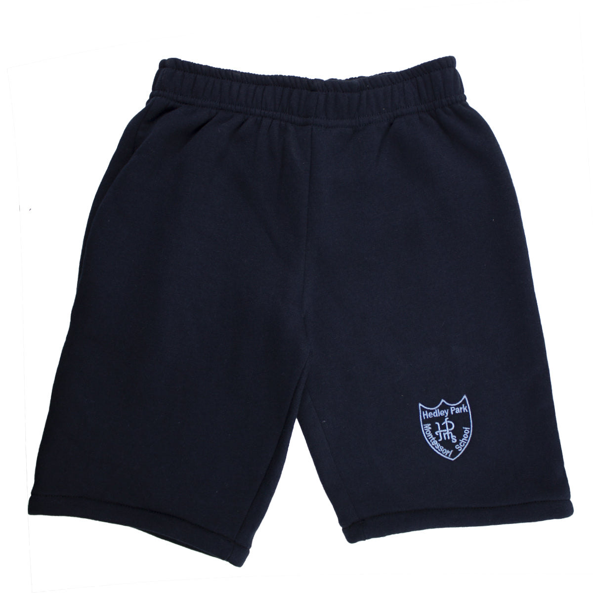 A photo of the Hedley Park Shorts in Navy with embroidered School Crest on left leg.