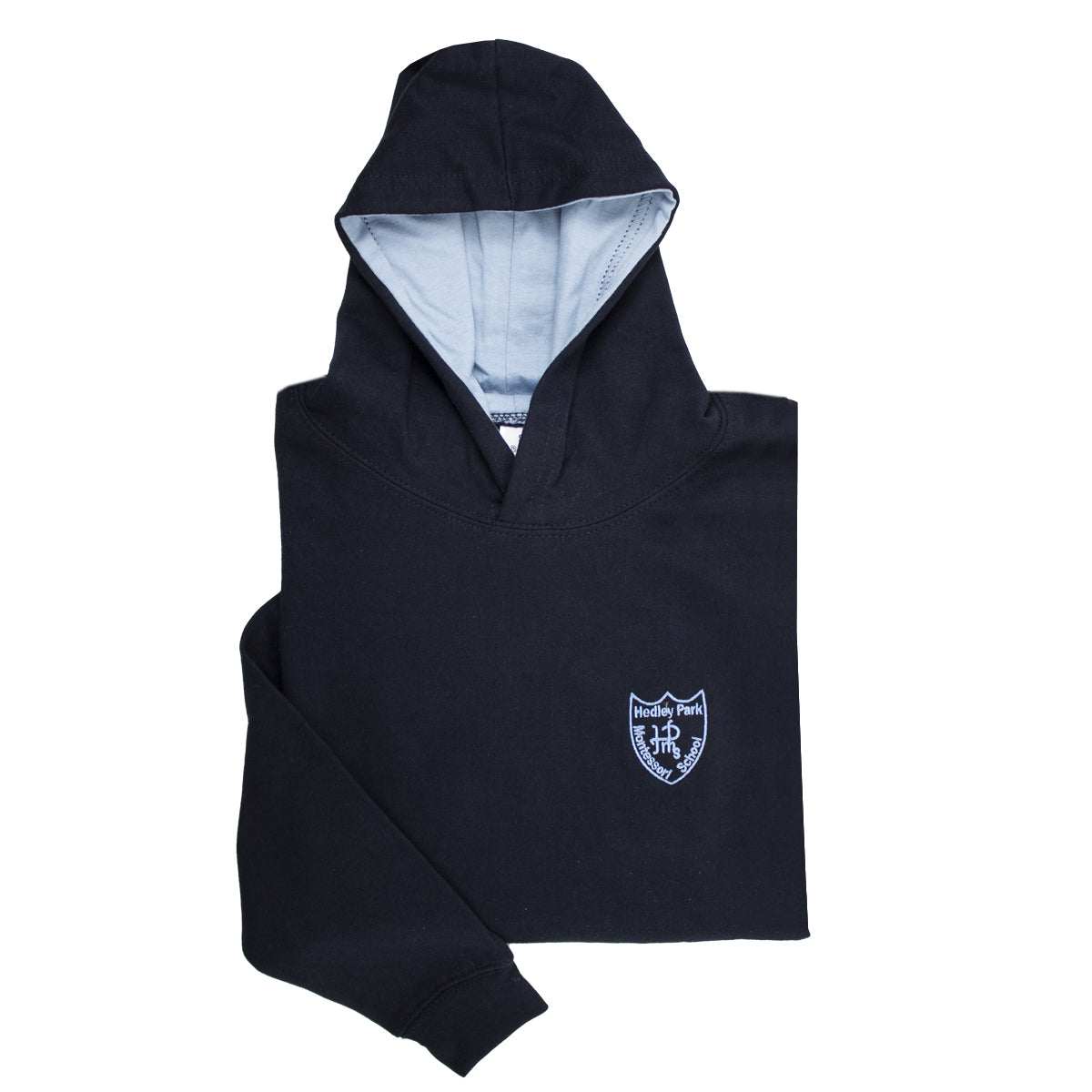 A photo of the Hedley Park Hoody in Navy, with embroidered School Crest on left chest