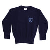 A photo of the Hedley Park Montessori School Pullover in Navy, with embroidered school crest. Front view