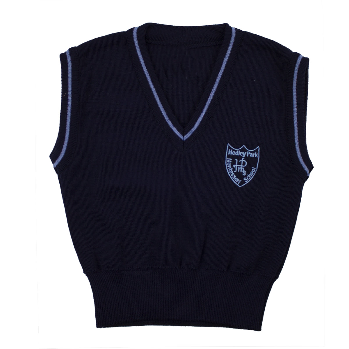 A Photo of the Hedley Park Sleevless Pullover in Navy with embroidered School Crest