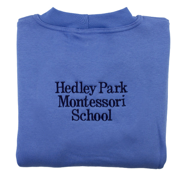 A photo of the back of the Hedley Park Sweatshirt in Sky with embroidered School Namet