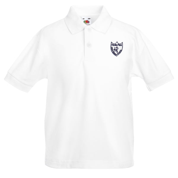 A photo of the Hedley Park Tennis Polo in White with embroidered School Crest on left chest.
